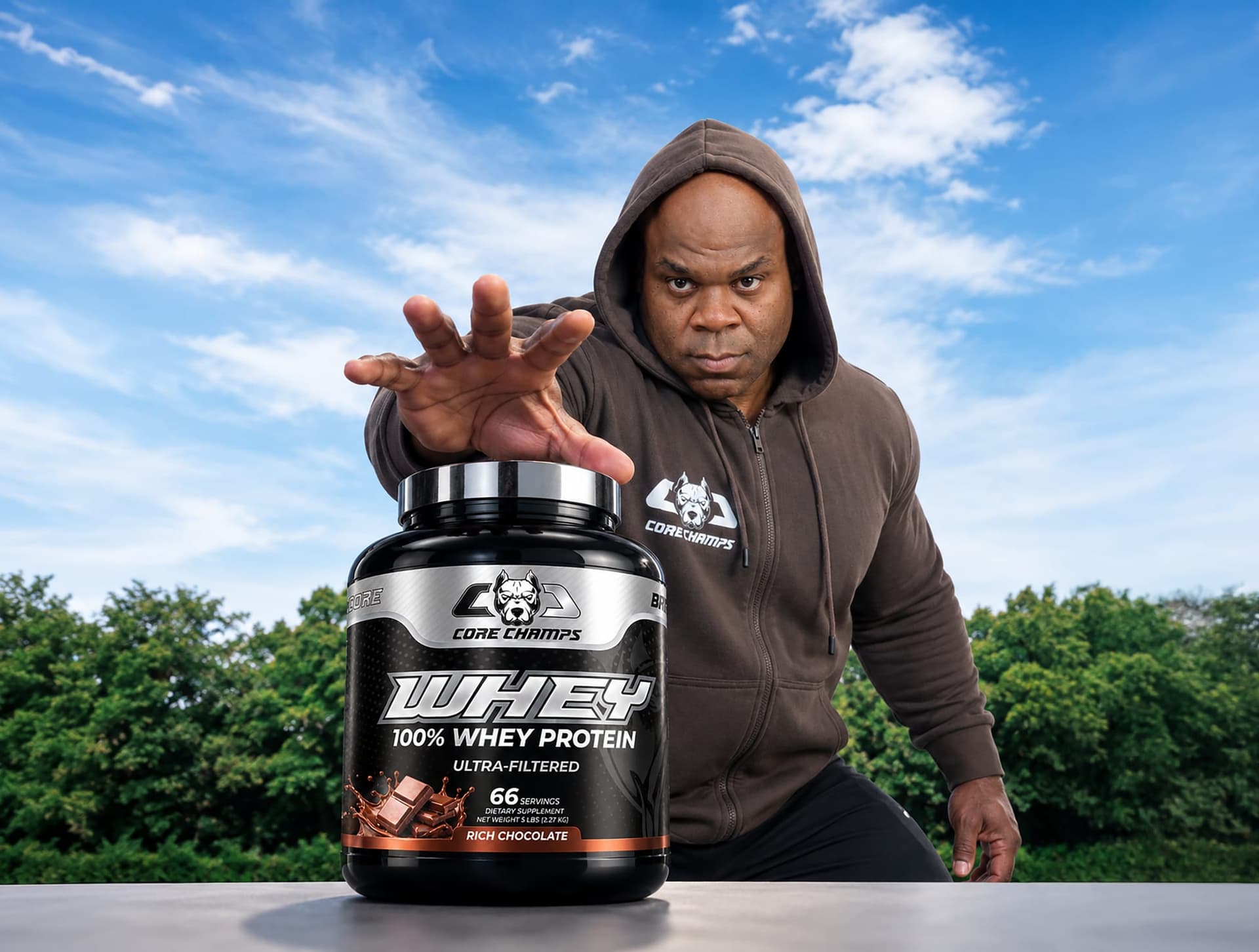 Core Champs athlete reaching for the 5 lb Whey Protein tub in Rich Chocolate